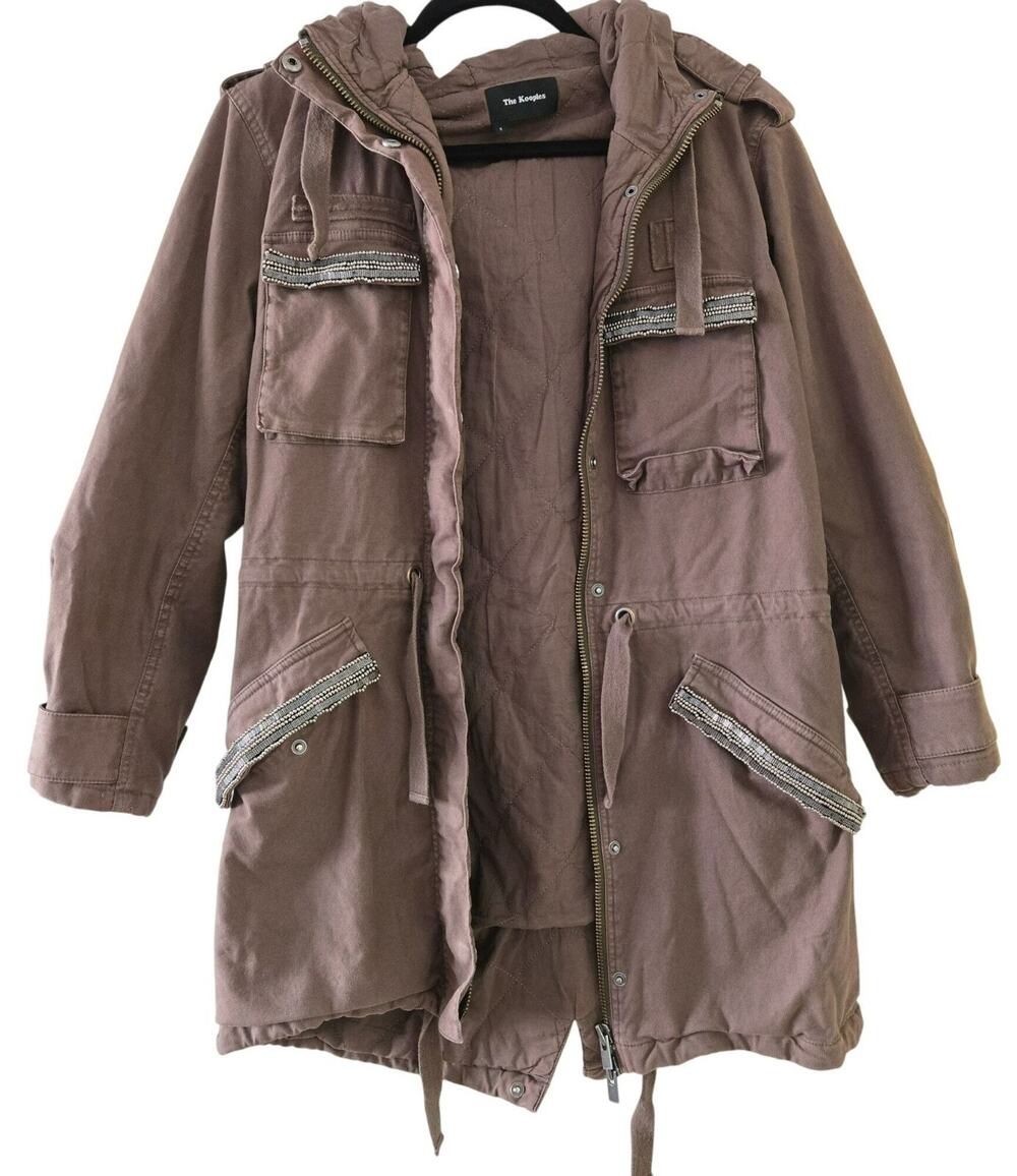 The Kooples Brown Hooded Quilted Jacket Coat Beaded Size 2